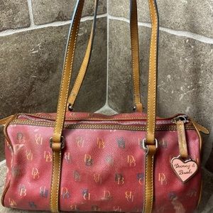 Dooney & Bourke Red Tan Signature Leather Coated Canvas Baguette Heart Keychain